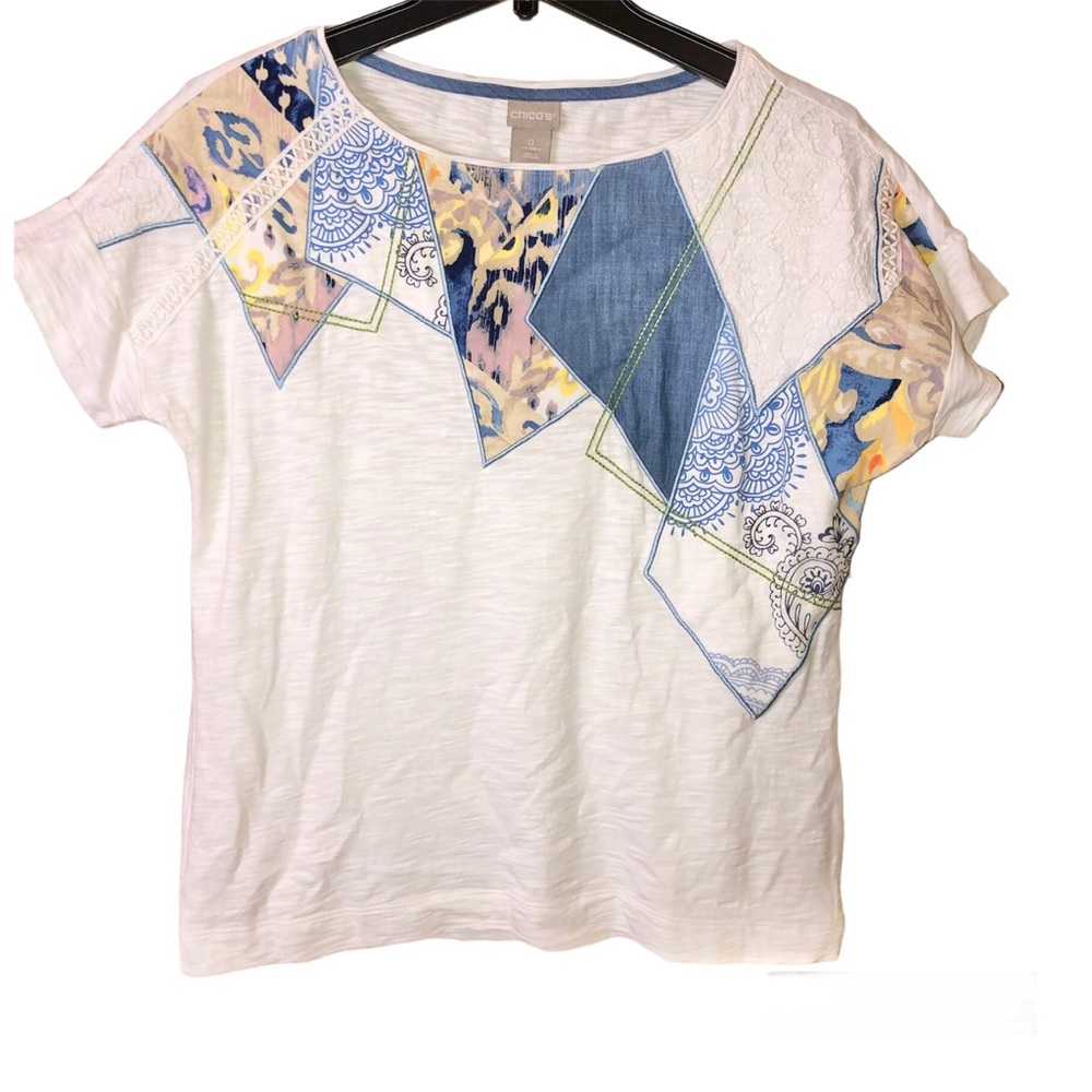 Chico’s Patch Detail Tee Short Sleeves White Small 0